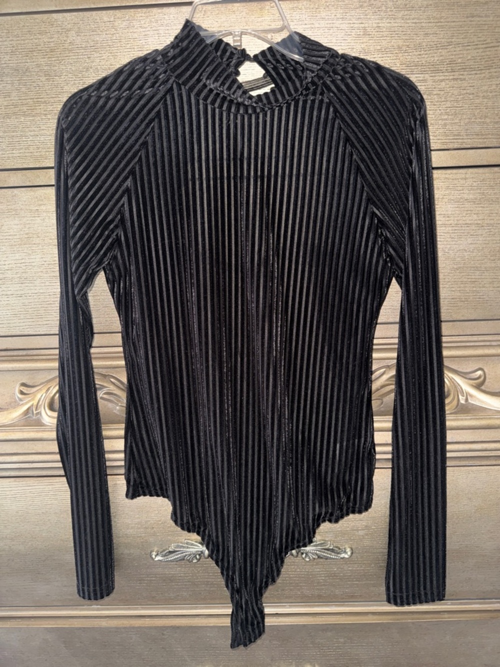 Lulu's Black Velvet Ribbed Long-Sleeve Bodysuit with Mock Neck